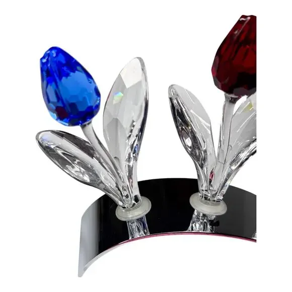 Swarovski Crystal 3 TULIP FLOWERS & DISPLAY STAND Holder Red Yellow Blue 3-1/2